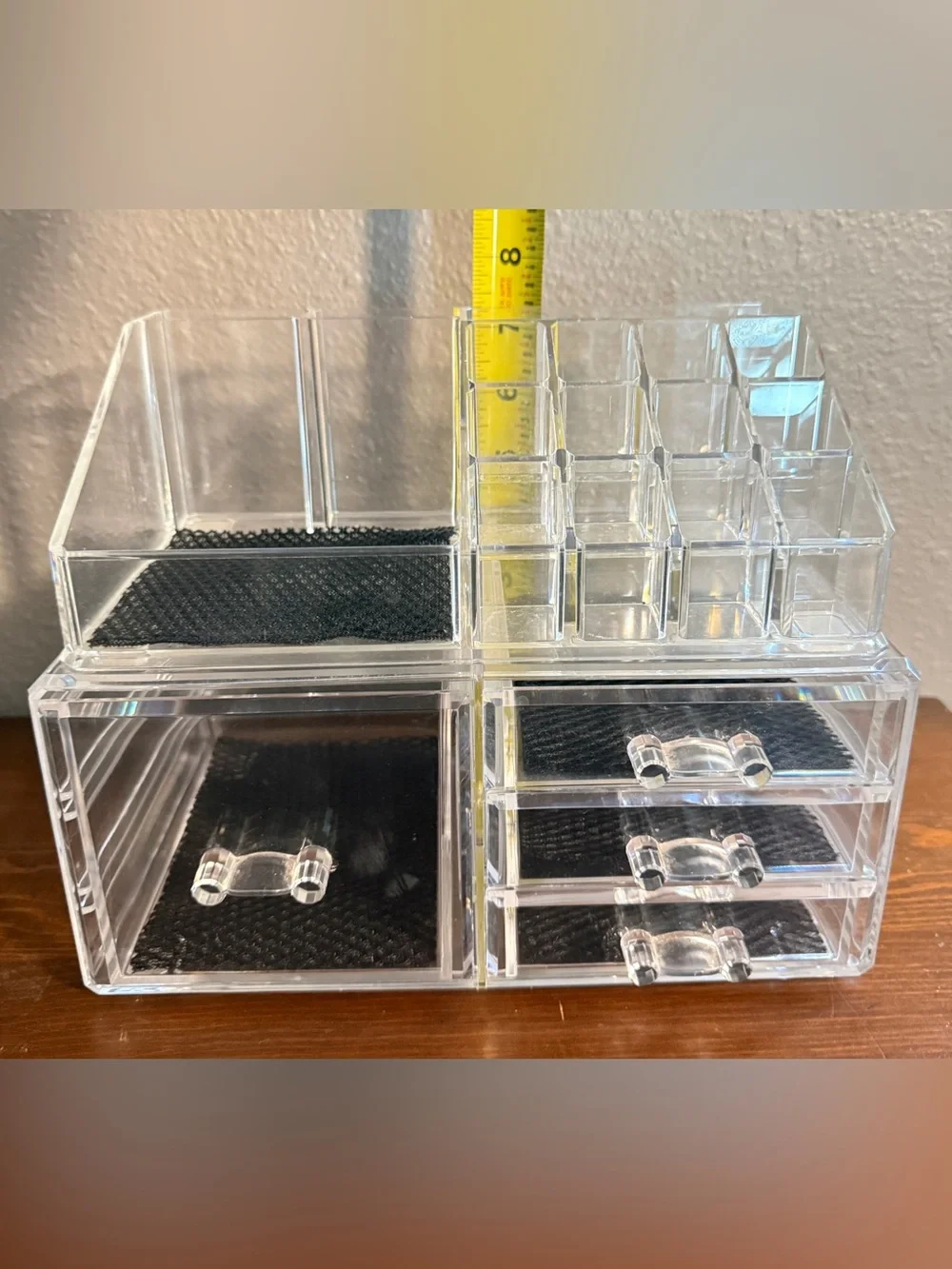 Makeup or Jewelry Organizer Clear Acrylic 4 Lined Drawers 9.5” x 5” x 7”